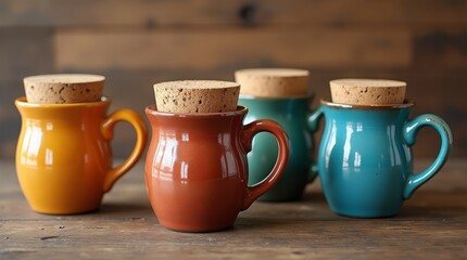 colorful_ceramic_mugs_with_cork_lids_on_rustic_wooden_background