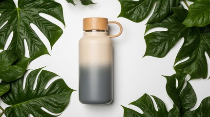 grey_and_beige_water_bottle_with_wooden_lid_surrounded_by_lush_green_leaves