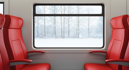 Empty modern train interior with red seats looking out window at a snowy forest landscape a winter day journey.