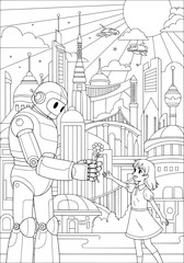Fototapeta premium The robot gives the girl a flower. anime style. coloring book
