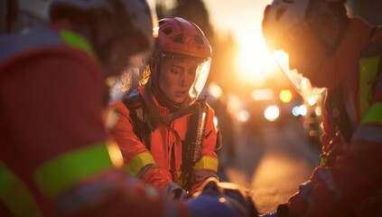 Fototapeta premium Emergency medical personnel tending to an injured person at night with a sense of urgency and compassion under bright lights.