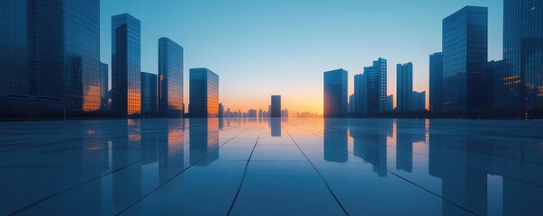 City skyline at dawn, reflected on a flat surface