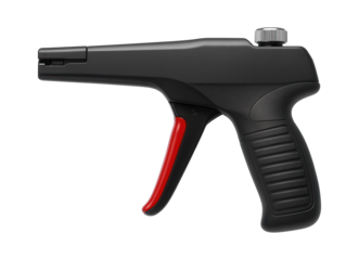 Cable tie gun with adjustable tension control for bundling wires in electronic assembly.