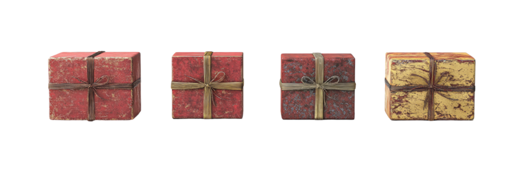 Three pixelated gift boxes, varying in color