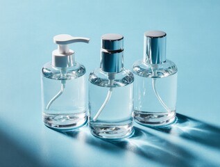 three_glass_bottles_of_skincare_products_on_blue_background