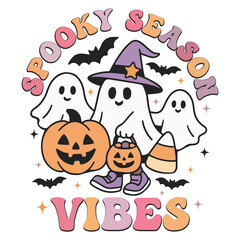 Spooky Season Vibes - Retro Spooky Halloween T-shirt Vector, Cute Ghost Halloween Illustration, Retro Kawaii Ghoul Clipart, Spooky Season Saying 