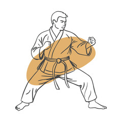 Karate Fighter in Defensive Stance Line Art with Abstract Shape Background
