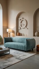 Modern teal sofa with striped design in stylish living room  