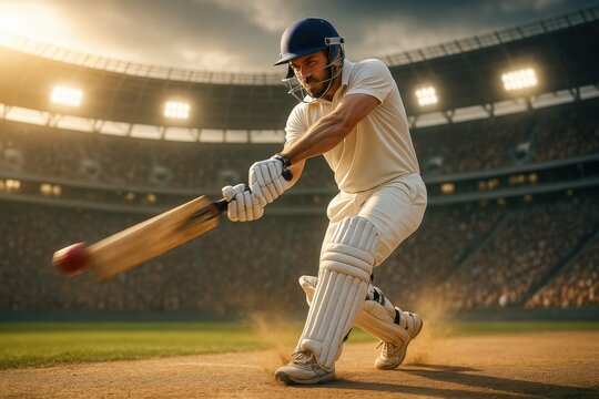 cricket batsman mid-swing in dramatic stadium atmosphere. Concept of precision, timing, tradition, focus, and elite competitive sport.