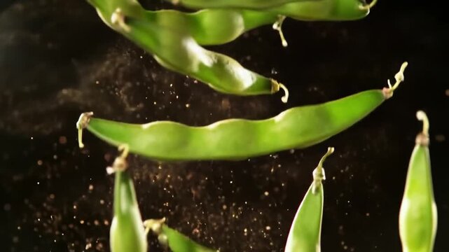 Green Beans Levitating With Tiny Grains On A Dark Backdrop Video