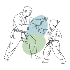 Karate Instructor Training Young Student Line Art with Abstract Color Elements
