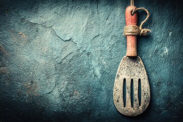 Aged wooden spatula hanging from a twine, resting on a dark slate background