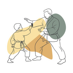 Karate Teacher Guiding Young Student Line Art with Abstract Color Shapes
