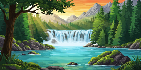 Waterfall amid lush mountain forest, sunset over cascading river valley, rocky heights dusk glow. 