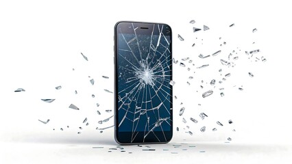 Smartphone with broken screen and flying glass shards isolated on white background, symbolizing phone damage
