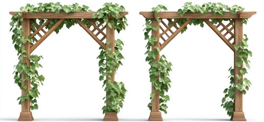 Two identical wooden arbors with climbing vines