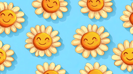 Cheerful Daisies with Smiling Faces on Bright Blue Background