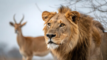 Fototapeta premium Lion portrait wildlife photography majestic predator feline hunter african safari animal kingdom nature reserve