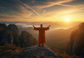 Fototapeta premium Person in orange robe with arms outstretched on mountain peak at sunrise