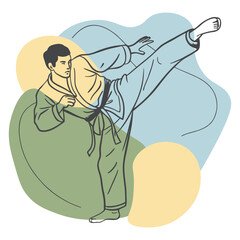 Karate Fighter Performing Side Kick – Colorful Minimalist Line Art Illustration
