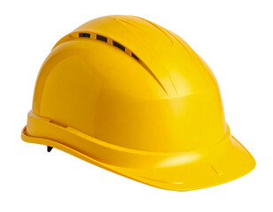 Yellow safety helmet construction head protection on transparent background