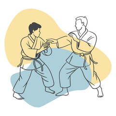 Two Martial Artists Practicing Techniques – Minimalist Line Art with Abstract Background
