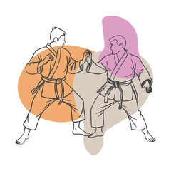 Martial Artists in Combat Stance – Minimalist Line Art with Colorful Abstract Shapes

