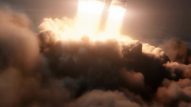 Rocket launch with booster flames in early dawn, showcasing power and exploration for aerospace innovation.