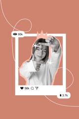 Young woman expressing positivity with thumbs-up gesture in creative social media post design
