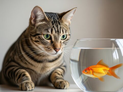 Tabby cat watches goldfish bowl closely with wide eyes, ears perked and full of anticipation in cozy home setting