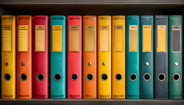 Organized technical documentation manuals in binders. Information stored, accessible. Office documents, reports, handbooks for business, education. Archive, data, files, paperwork, information,