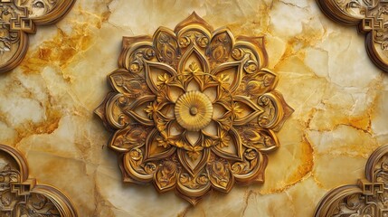 background, model of ceiling decoration with 3d wallpaper. decorative frame on gold marble luxurious background and mandala