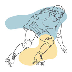 Female Roller Skater in Helmet and Pads – Line Art Vector with Abstract Background
