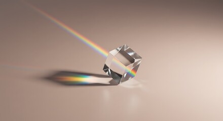 A clear crystal prism refracts light, creating a rainbow spectrum on a neutral surface with a sharp, colorful shadow.