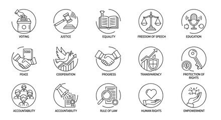 A collection of simple line icons representing fundamental concepts such as justice, equality, freedom of speech, education, peace, cooperation, progress, transparency, protection