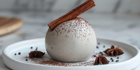 Fototapeta premium Minimalist Christmas cake idea. Gray fondant sphere cake with cinnamon and chocolate toppings.