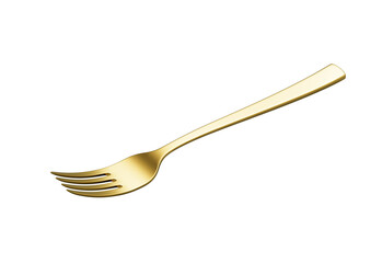 A sleek gold-plated fork with a reflective finish and a slightly curved handle. 3D Illustration