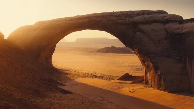 Sunset casts warm glow on natural stone arch in desert landscape, highlighting geological formations &ndash; Ideal for travel and nature themes.