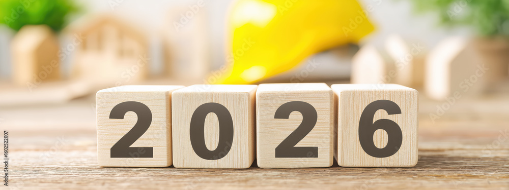Poster wooden blocks displaying year 2026 with construction elements in background for planning and build c