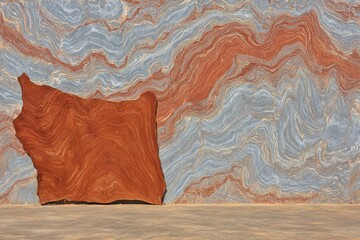 Large, irregular, reddish-orange slab set against a swirling, light-grey and reddish-pink marble wall.  A muted beige floor