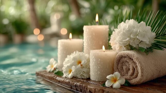 Serene spa video background with burning candles, rolled towels and tropical flowers. Concept: spa resorts, beauty salons, wellness centers.