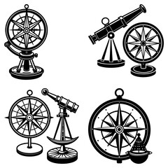 Illustration of nautical instruments including compasses and telescopes in black and white style