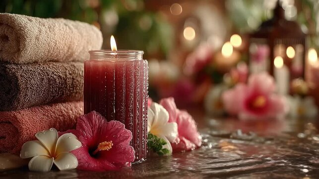 Serene spa video background with burning candles, rolled towels and tropical flowers. Concept: spa resorts, beauty salons, wellness centers.