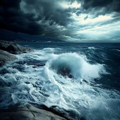 Fototapeta premium Dramatic stormy sea with crashing waves and dark clouds