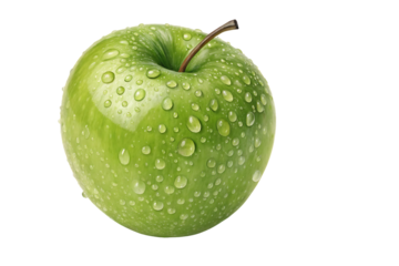 Single bright green apple with numerous water droplets covering entire surface showing natural shine and texture, isolated on a transparent background