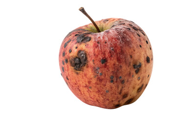 Single weathered apple with brown spots and blemishes, showing natural aging and deterioration on surface, isolated on a transparent background