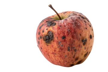 Single weathered apple with brown spots and blemishes, showing natural aging and deterioration on surface, isolated on a transparent background