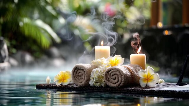 Serene spa video background with burning candles, rolled towels and tropical flowers. Concept: spa resorts, beauty salons, wellness centers.