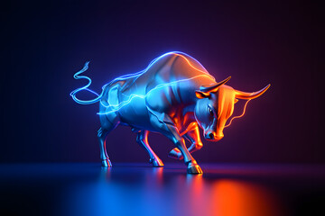 Obraz premium Flaming bull on a dark background, a fierce wild animal illustration with fiery wings, symbolizing power and untamed nature