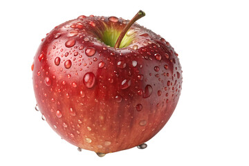 Red apple from above showing stem area, covered in sparkling water droplets, isolated on a transparent background